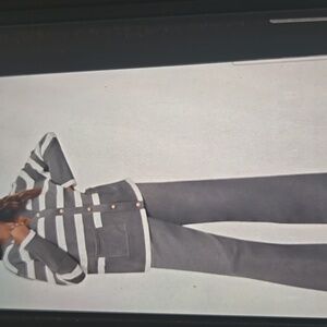 Viottisett Women's 2 Pc Striped Sweatsuit. Long Sleeved Buttoned Cardigan.